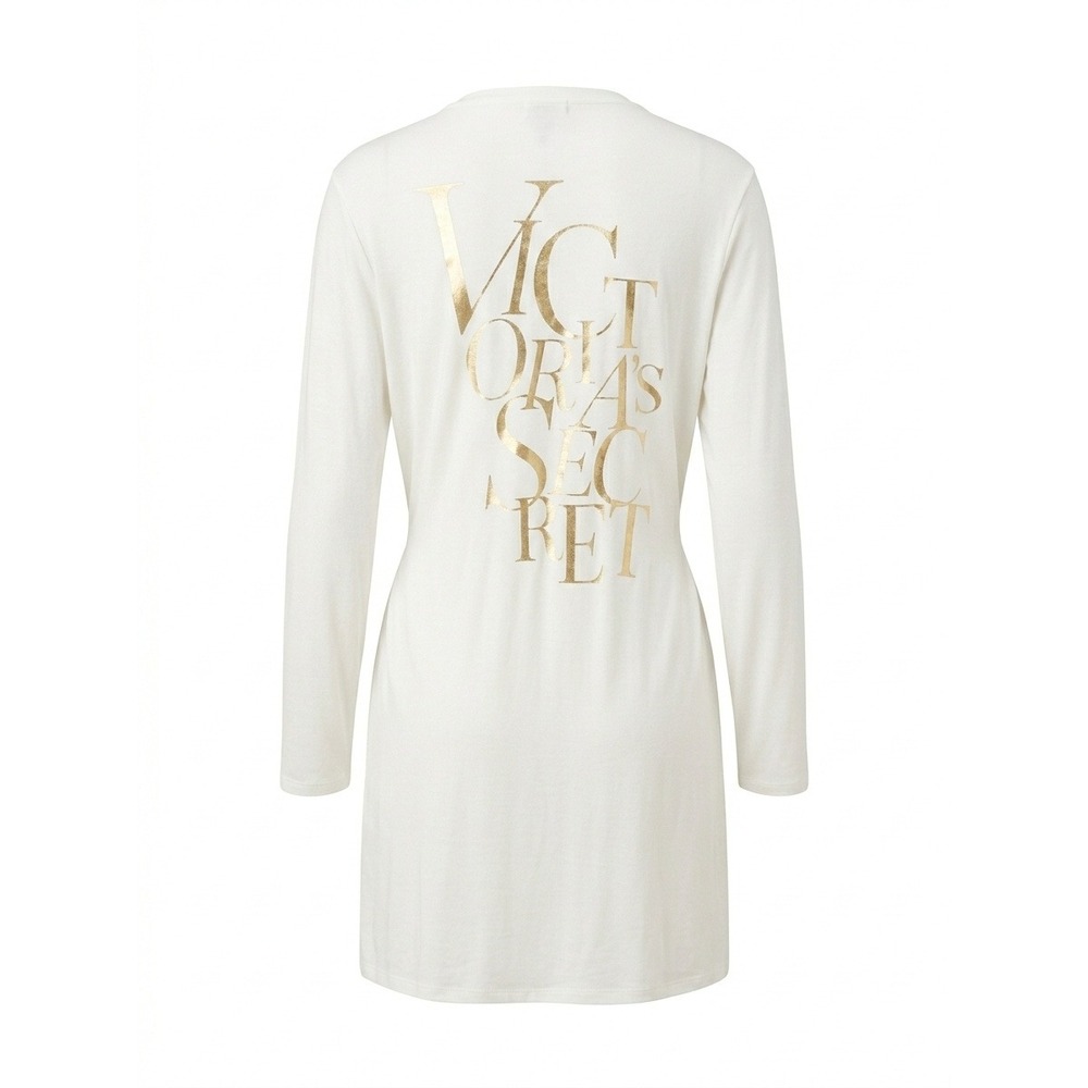 Victoria's Secret Ivory Gold Foil Logo Short Jersey Robe White Long Sleeve M/M